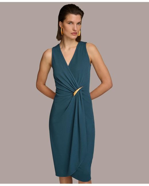 Donna Karan Blue Sleeveless Draped Jersey Midi Dress