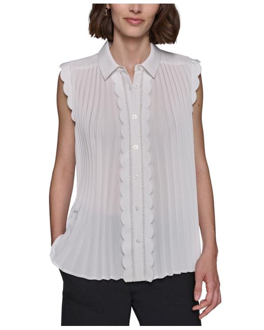 Karl Lagerfeld White Scalloped Pleated Button-down Top