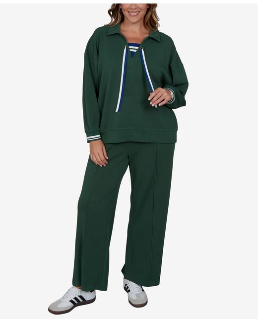 Ruby Rd Green Plus Size Stripe Trim Drawstring Pullover Top