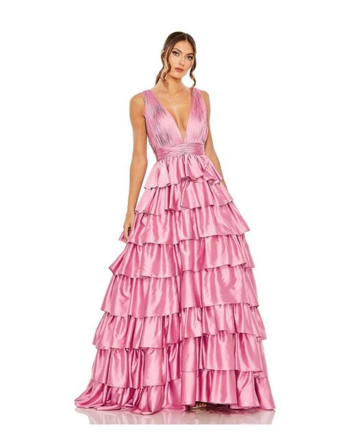 Mac Duggal Pink Ruffle Tiered Pleated Sleeveless V Neck Gown
