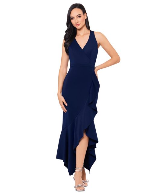 Xscape Blue V-neck Sleeveless Ruffled High-low Dress