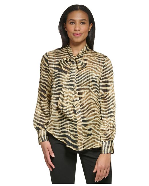 DKNY Multicolor Animal-print Tie-neck Blouse