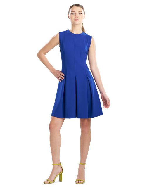 Natori Blue Sleeveless Scuba Crepe Pleated Dress