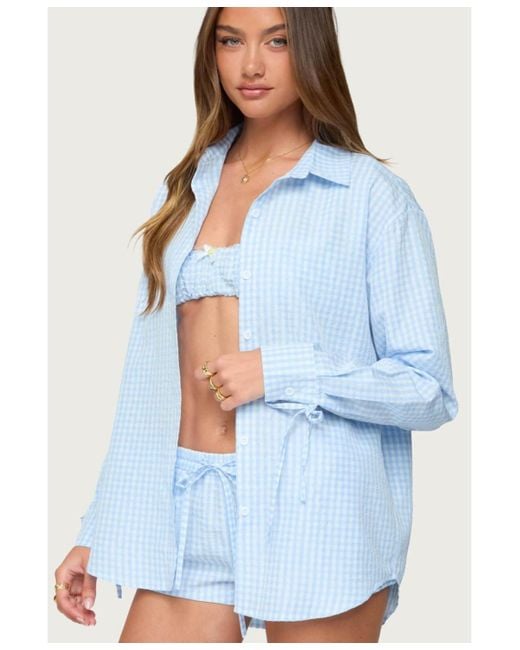 Edikted Blue Yaffa Oversized Gingham Button Up Shirt