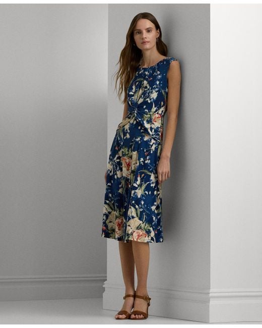 Lauren by Ralph Lauren Blue Floral Twist-front Stretch Jersey Dress