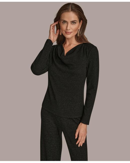 Donna Karan Black Long Sleeve Metallic Rib Knit Top