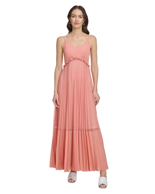 DKNY Pink Solid Tiered Pleated Sleeveless Mesh Maxi Dress