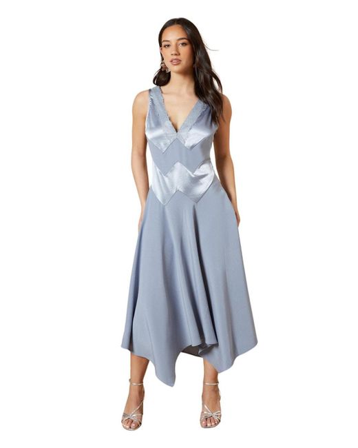 Oasis Blue V-neck Mesh Asymmetric Midi Dress