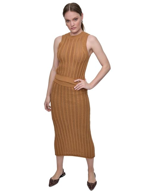 DKNY Brown Crewneck Pointelle-stitch Tank Sleeveless Sweater