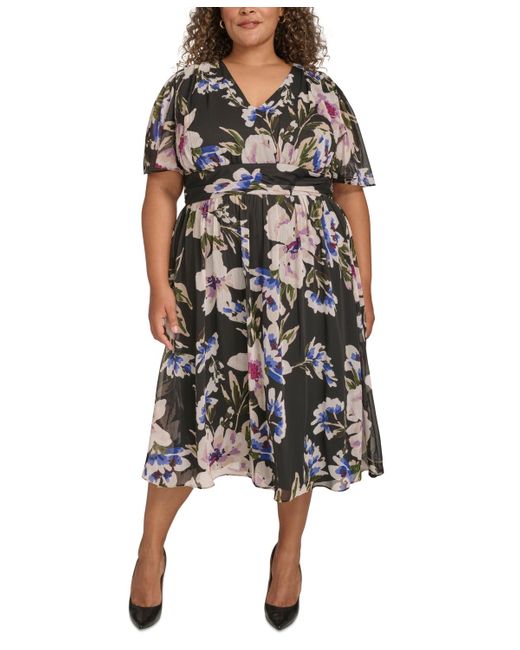 Calvin Klein Black Plus Size Floral-print Flutter-sleeve Chiffon Dress