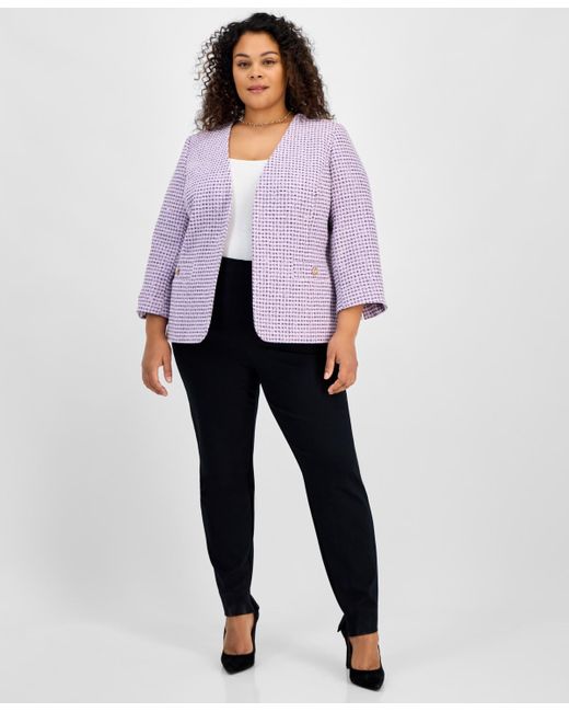 Kasper Purple Plus Size Tweed 3/4-sleeve Open-front Blazer