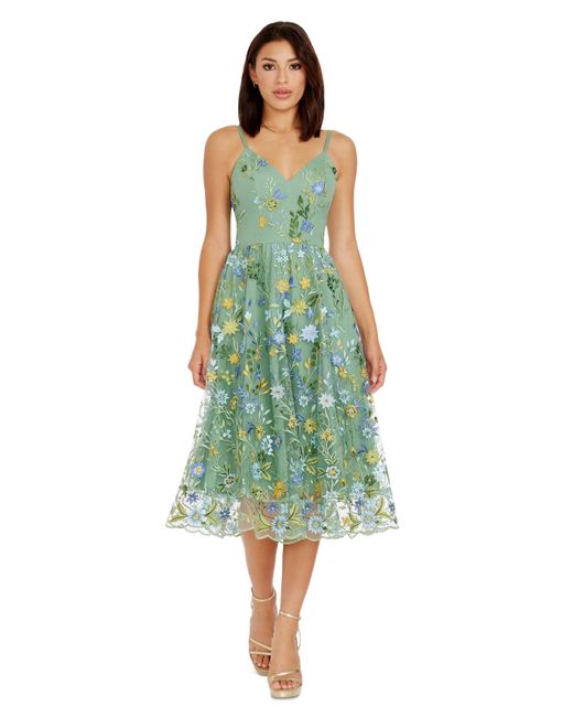 Dress the Population Green Maren Embroidered Fit & Flare Midi Dress