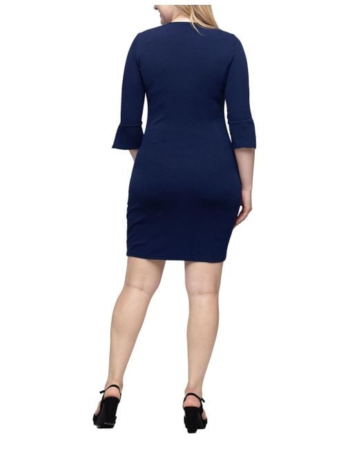24seven Comfort Apparel Blue Keyhole Three Quarter Sleeve Mini Dress