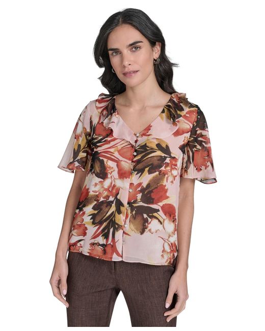 Calvin Klein Red Printed Ruffle-neck Button-front Blouse