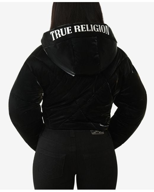 True Religion Black High Shine Foil Hooded Puffer Jacket