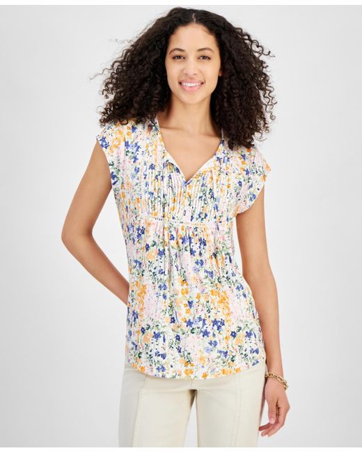 Tommy Hilfiger White Garden Printed Pintuck Top