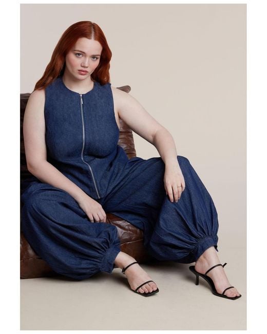 Eloquii Blue Chambray Zip Up Top