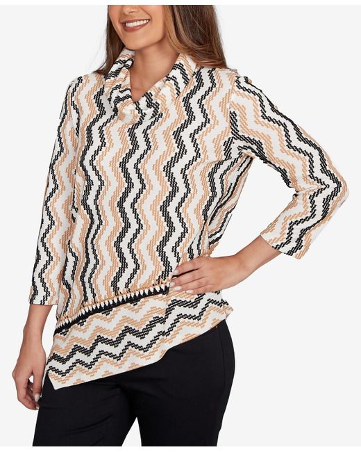 Ruby Rd Gray Petite Cowl Neck Zigzig Textured Knit Top