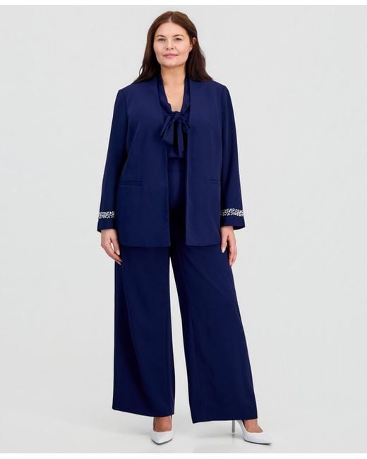 Kasper Blue Plus Size Collarless Open-front Jacket