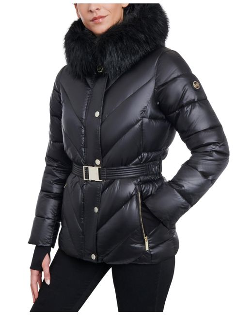 Michael Kors Black Shine Belted Faux-fur-trim Hooded Puffer Coat