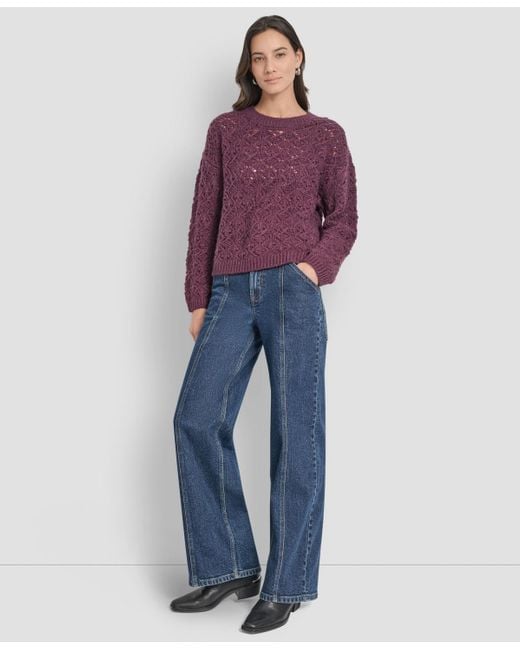 DKNY Purple Pointelle Long Sleeve Sweater