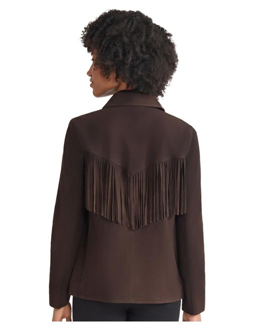 Jones New York Brown Fringe Suede Patch Long Sleeve Jacket