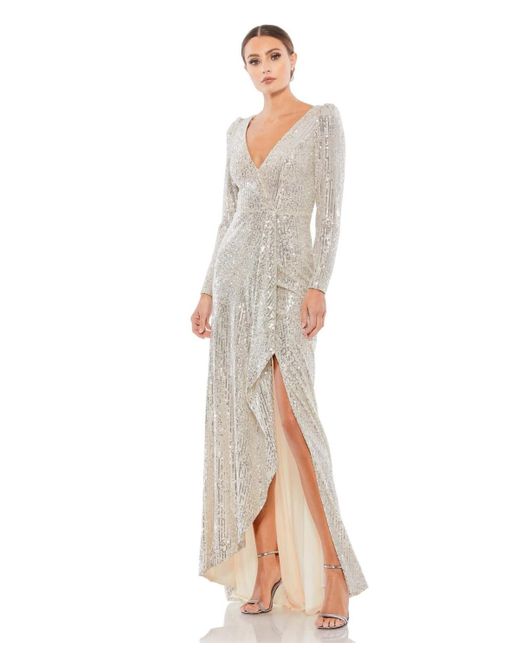 Mac Duggal White Ieena Sequined Faux Wrap Long Sleeve Gown