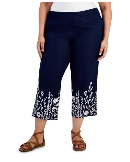 Charter Club Blue 100% Linen Floral Embroidered High Rise Cropped Pants