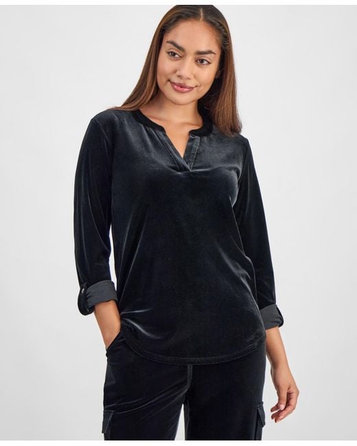 Anne Klein Essentials Blue Ak Anne Klein Petite Velour Split-neck Top