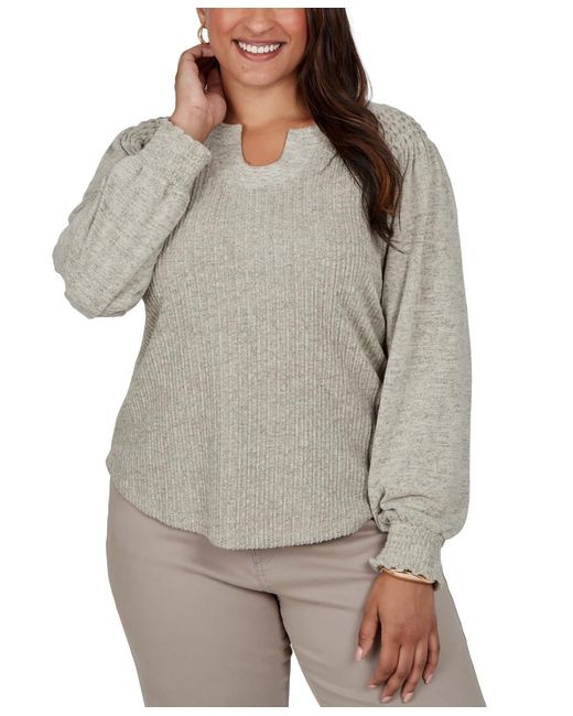 Ruby Rd Gray Plus Size Split Neck Long-sleeve Ribbed Blouse