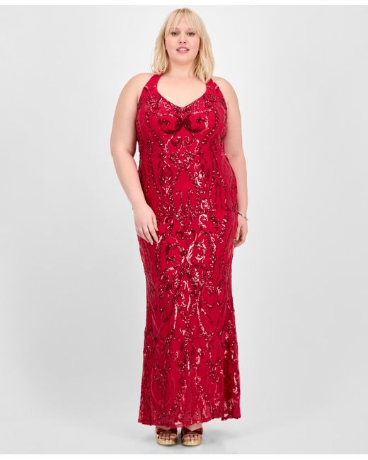 B Darlin Red Trendy Plus Size Sequin Embellished Halter Gown