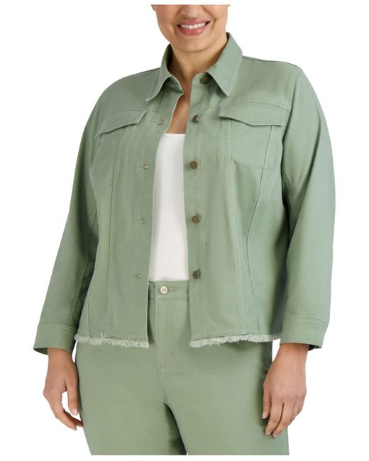 Jones New York Green Plus Size Fringe-hem Trucker Jacket
