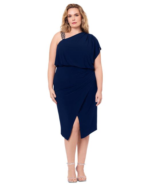 Betsy & Adam Blue Plus Size High-low Off-the-shoulder Midi Dress