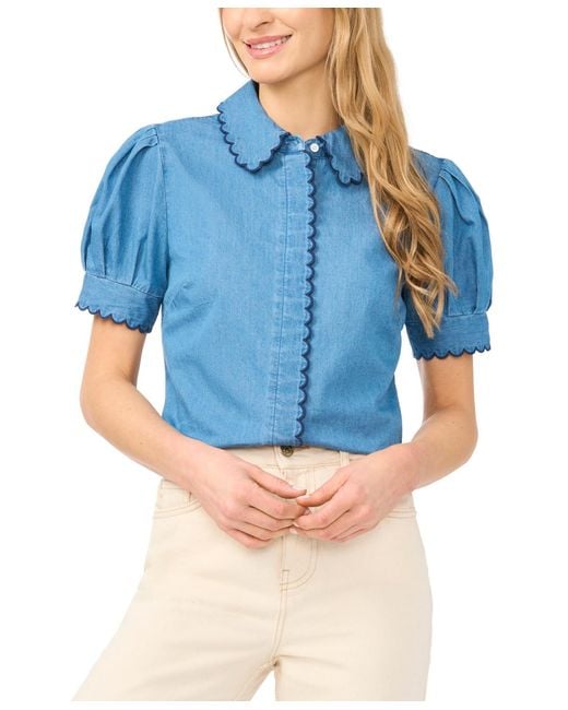 Cece Blue Puff-sleeve Button-front Shirt