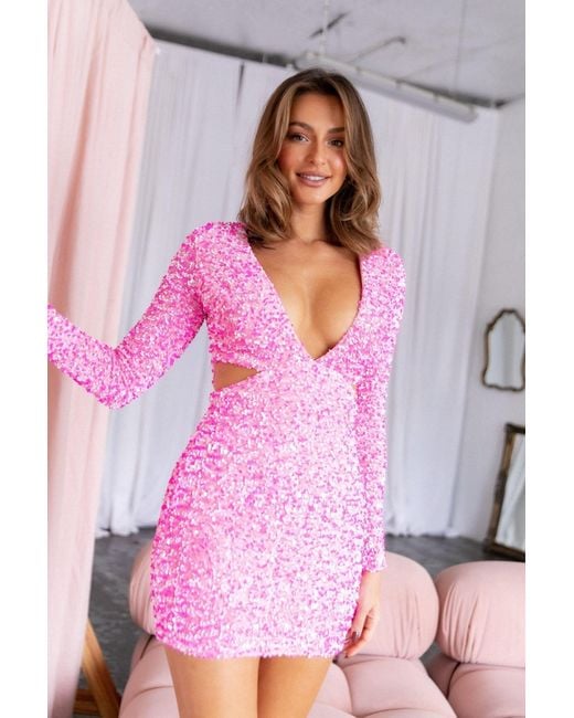pink long sleeve sequin mini dress Sparkling Pink Sequin Mini Prom Dress with Long Sleeves for Homecoming & Graduation
