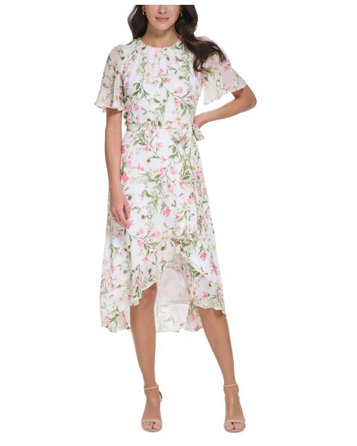 Jessica Howard White Petite Printed Flutter-sleeve Faux-wrap Chiffon Dress