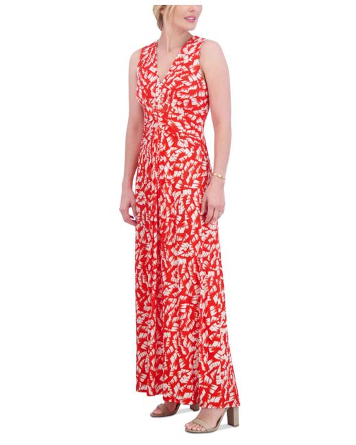 Jessica Howard Red Printed Ruched Maxi Dress