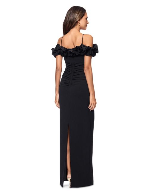 Xscape Blue Halter-strap Ruffled Gown