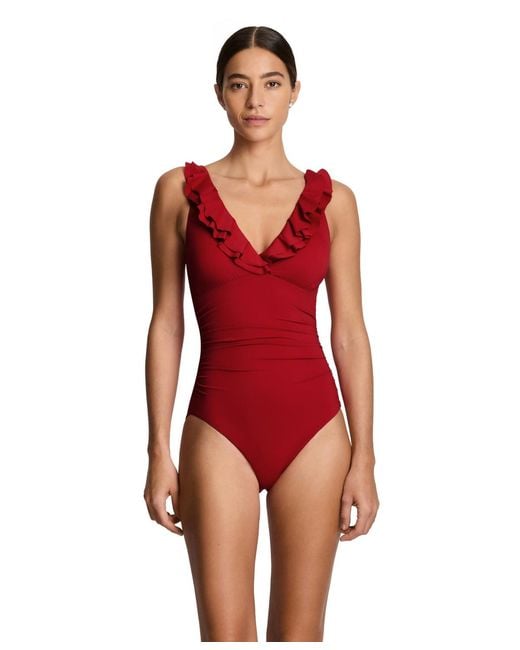 Ralph Lauren Red Ruffle Surplice One-piece Swimsuit