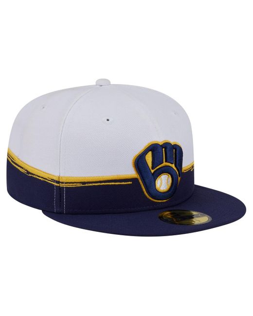 KTZ Blue Navy/white Milwaukee Brewers Paint Stroke 59fiftyâ Fitted Hat for men