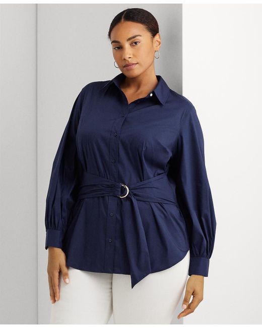 Lauren by Ralph Lauren Plus Size Blouson-sleeve Shirt in Blue | Lyst