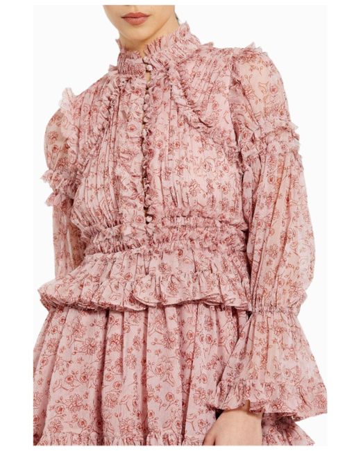 Mac Duggal Pink Long Sleeve Open Front High Neck Ruffle Mini Dress