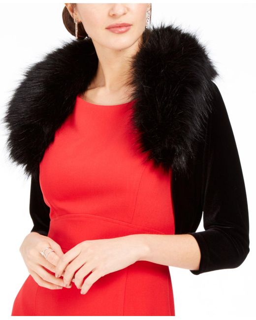 Tahari Black Velvet Faux-fur-collar Shrug Jacket, Created For Macy's