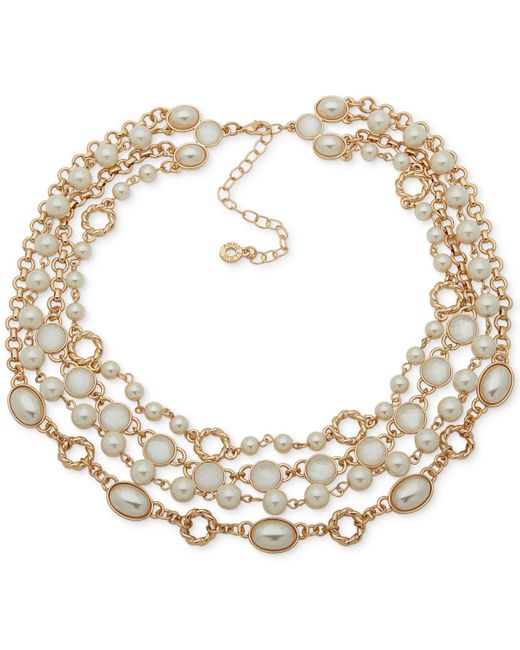 Anne Klein Metallic Gold-tone White Stone & Mother-of- Layered Collar Necklace