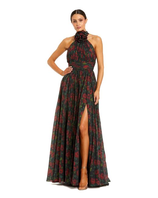 Mac Duggal Brown Floral Chiffon 3d Flower Halter Neck Gown