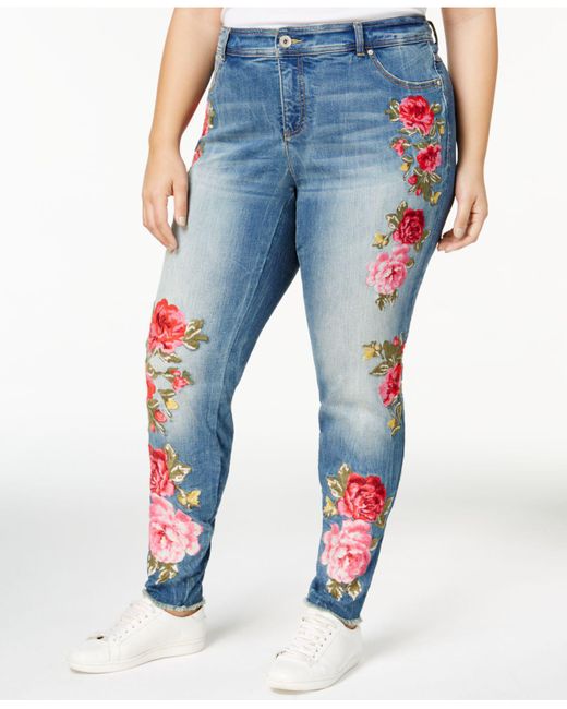 INC International Concepts Blue Rose-embroidered Skinny Jeans