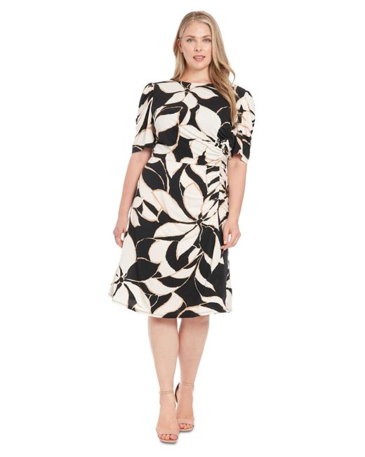 London Times White Plus Size Short-sleeve Floral A-line Dress