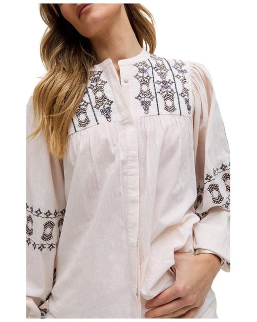 Raffya Natural Demi Embroidered Ballon Sleeve Shirt