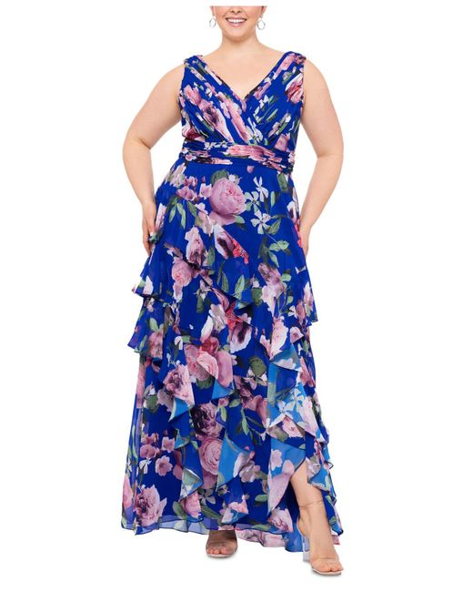 Xscape Plus Size Tiered Floralprint Chiffon Long Fit & Flare Dress in Blue Lyst