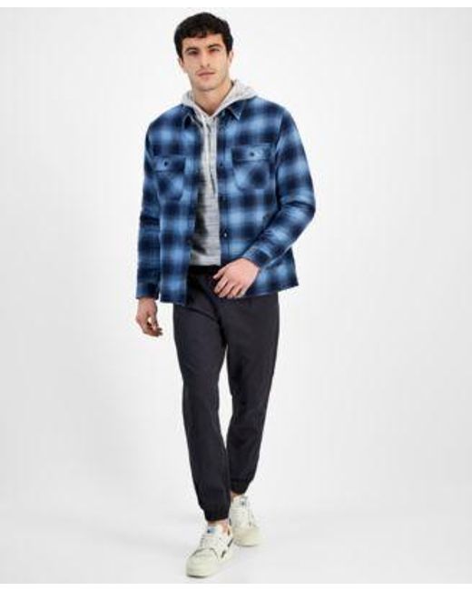 Sun & Stone Blue Sun Stone Evans Plaid Shirt Jacket Hooded Sweater Articulated jogger Created For Macys for men